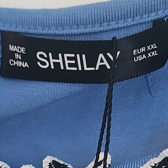 Sheilay Blue Cold Shoulder Top with Black and White Embroidery Sz XXL (NWT) - Picture 5 of 6